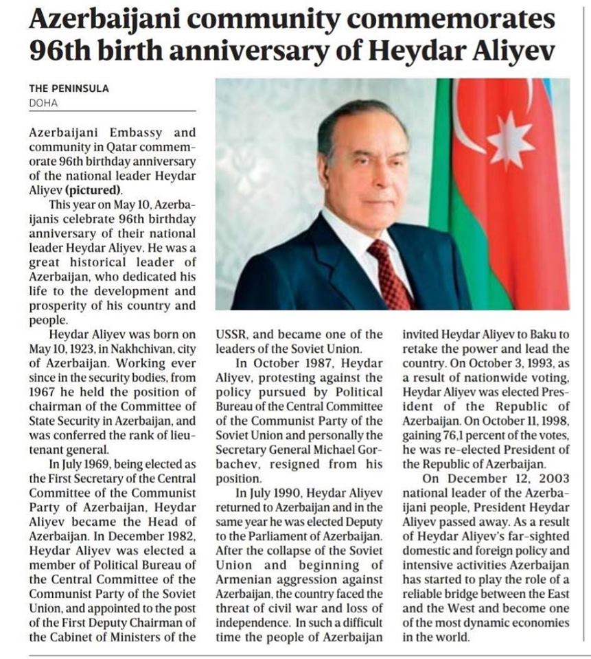 [b]Nüfuzlu “The Peninsula” qəzeti Heydər Əliyev haqqında yazdı[/b]