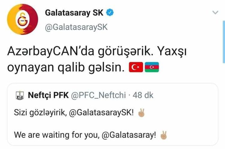 "Qalatasaray" tvitt atdı, "Neftçi" cavabını verdi