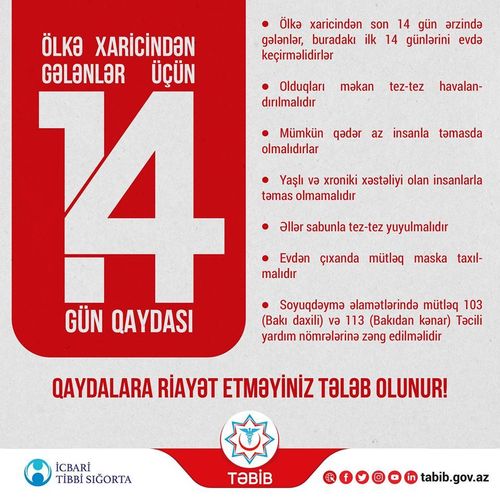 Ölkə xaricindən gələnlər 14 gün evdən çıxmasınlar - TƏBİB