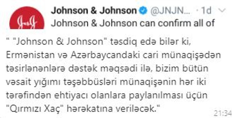 “Johnson & Johnson” şirkəti "Qırmızı Xaç"a vəsait köçürəcək 