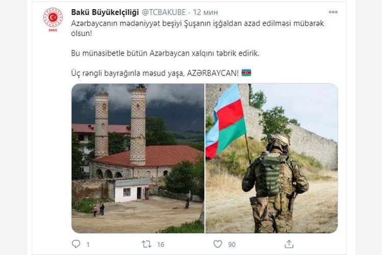  Azərbaycanın mədəniyyət beşiyi Şuşanın azadlığı mübarəkdir! - Türkiyə səfirliyi