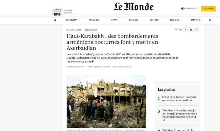 Fransanın "Le Monde" qəzeti Gəncədəki erməni terrorundan yazır:  “Gəncə atəşə tutulub”