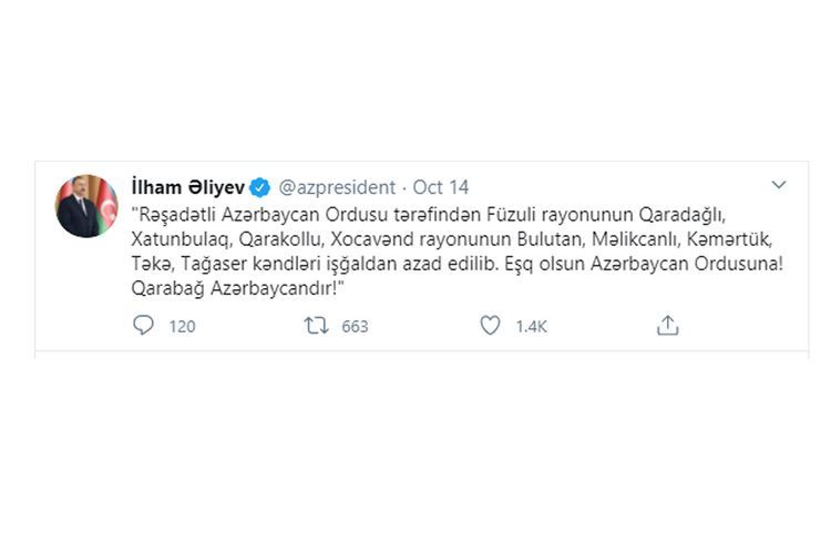 Azərbaycan Prezidenti: Daha 8 kəndimiz işğaldan azad edildi - SİYAHI
