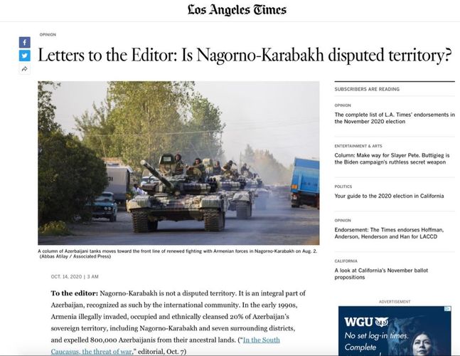 Ermənistanın işğalçı siyasətinə dair məqalə "Los Angeles Times" qəzetində dərc olundu