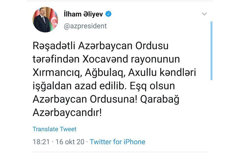 "Daha 3 kənd işğaldan azad edilib" - Prezident AÇIQLADI