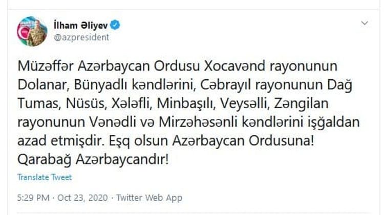 Qubadlı, Zəngilan və Cəbrayılın daha bir neçə kəndi işğaldan azad edilib - Prezident açıqladı