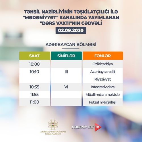 "Dərs vaxtı"nın sabaha olan CƏDVƏLİ