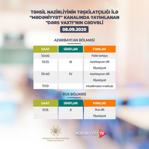 “Dərs vaxtı”nın sentyabrın 8-nə olan CƏDVƏLİ