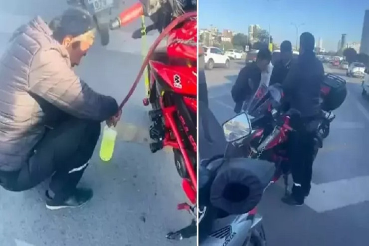 Motosikletçidən qeyri-adi dələduzluq:  Pulsuz benzin yığdı - VİDEO 