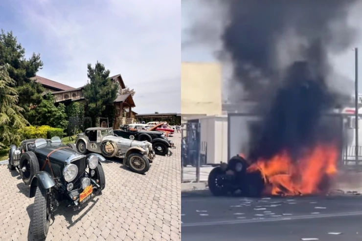 Bakıda ralliyə qatılan retro avtomobil yandı - VİDEO 
