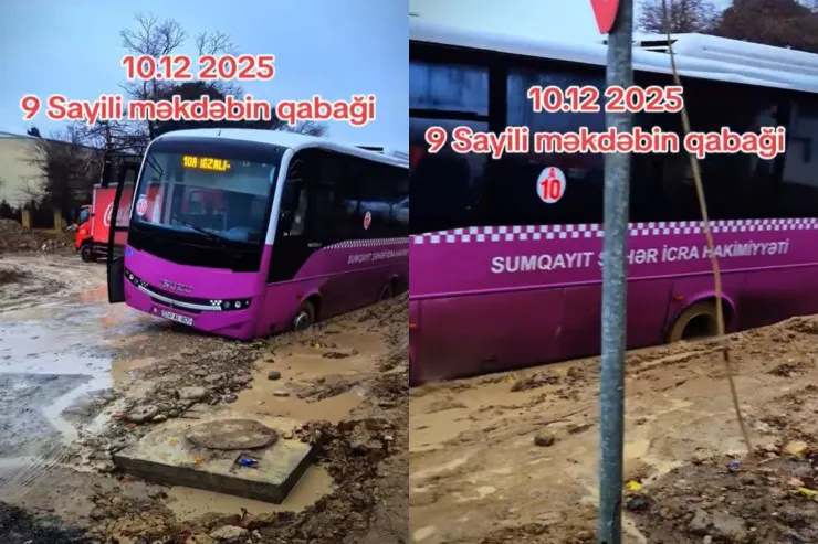 Sumqayıtda avtobus palçıqlı yolda batdı - VİDEO 