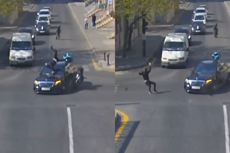 Bakıda motosikletçi maşının üstündən uçdu - QƏZA ANLARI