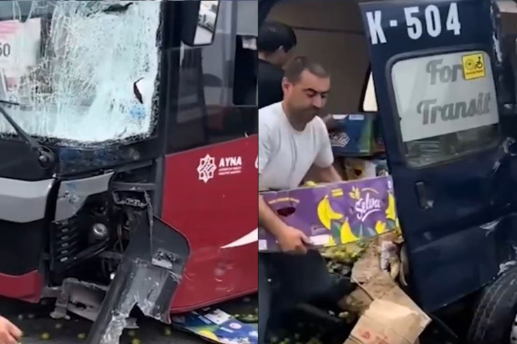 "BakuBus"ın avtobusu "Ford"la toqquşdu, meyvələr yola dağıldı - VİDEO