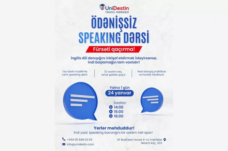 UniDestin Təhsil Mərkəzində ödənişsiz İngilis dili Speaking dərsləri təşkil olunur