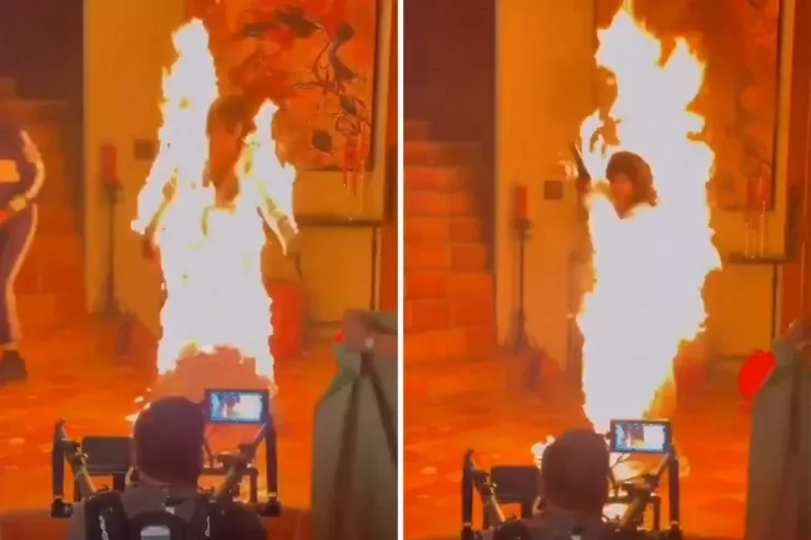 Dünyaca məşhur müğənninin çəkiliş zamanı paltarı yandı  - VİDEO 