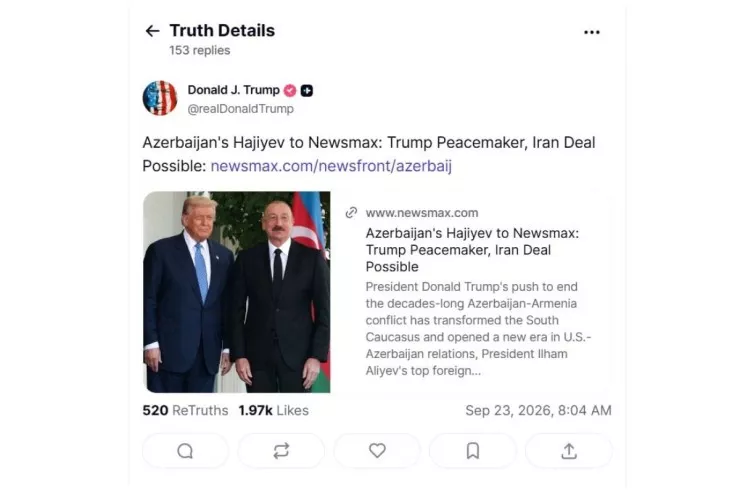 Tramp Hikmət Hacıyevin "Newsmax"a müsahibəsini paylaşdı 
